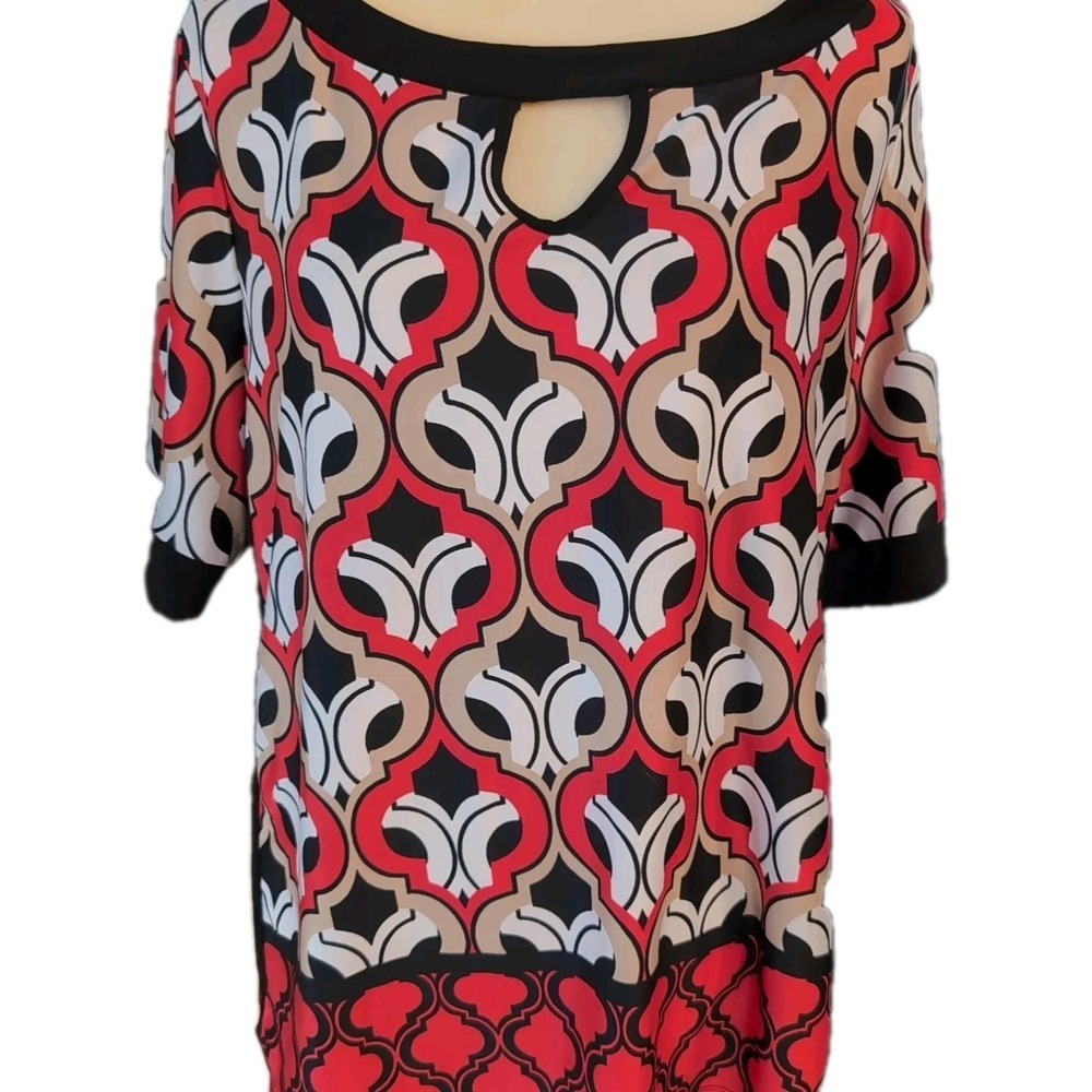 Perseption Concept Women's Top Size XL Pullover Patterned Red Tan Black White